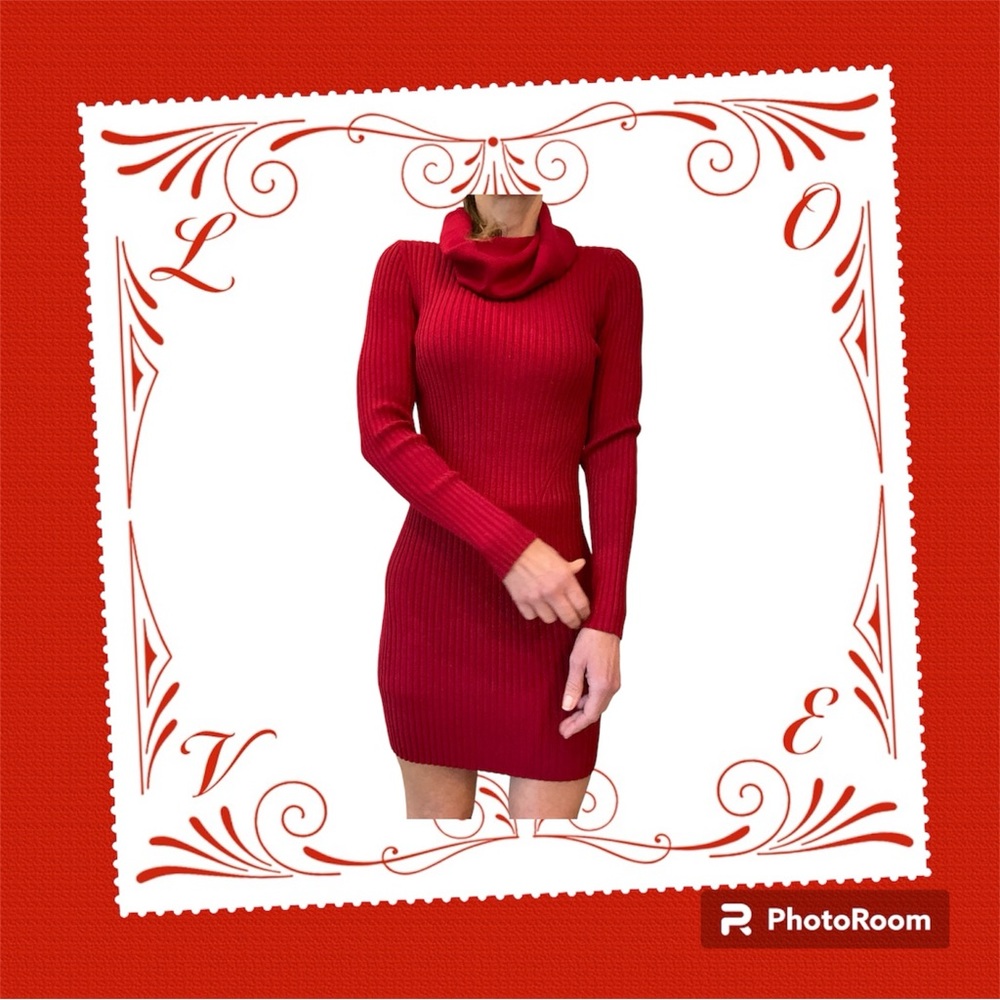 Valentine Red Sweater Dress Bodycon Fit Long Sleeve, Cow Neck, Short Length Sz S - Picture 9 of 11